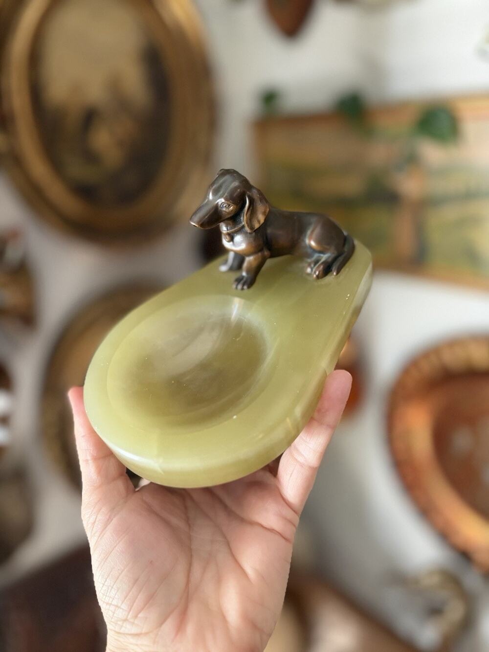 Antique Art Deco Bronze Dachshund Dog Green Onyx Pin Tray Desk Organizer Doxie
